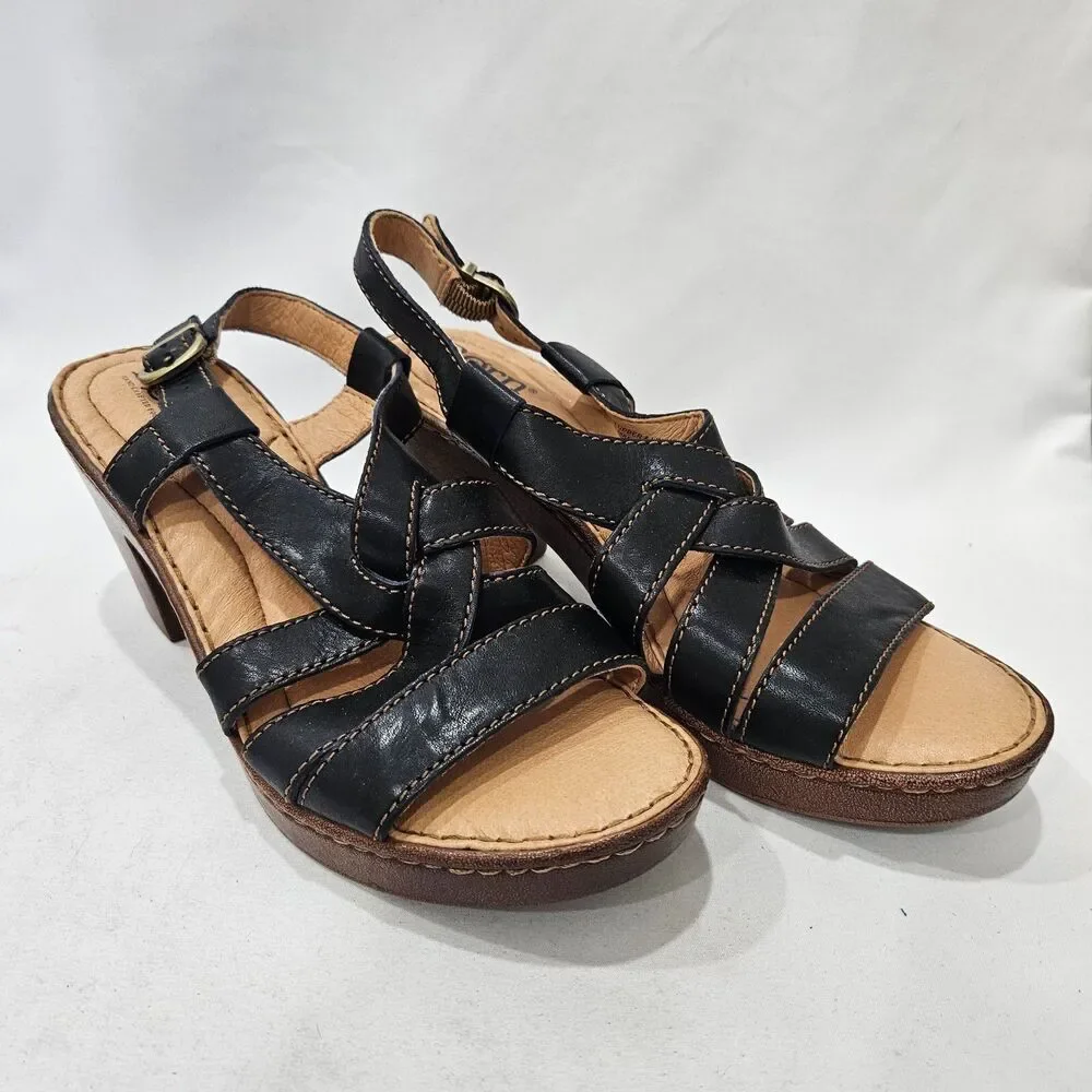 Born Womens Leather Block Heel Sandals Size 8M Black Comfort Open Toe Strappy